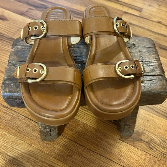 Frye Shoes - Frye Tan Leather Double-Buckle Slide Sandals